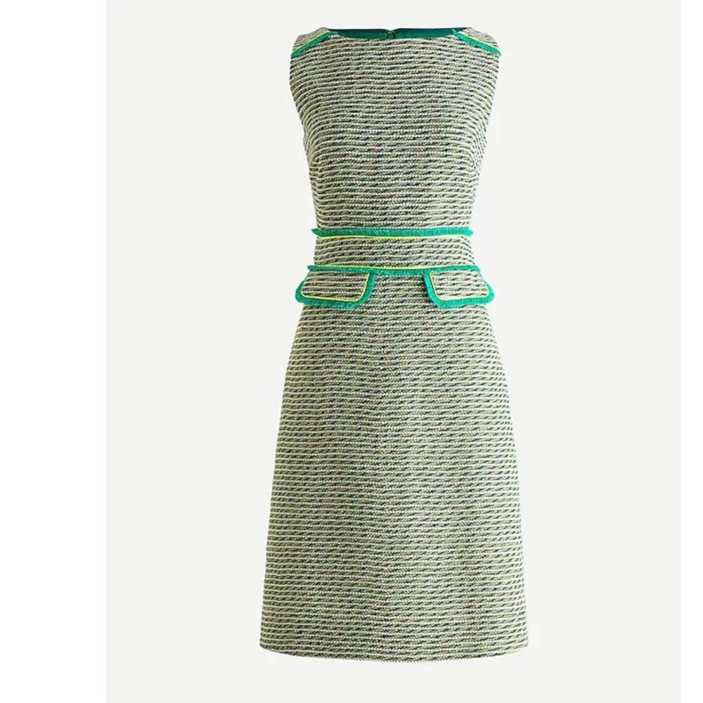 J.CREW Green Tweed Sheath Dress with neon piping & fringe Size 2 Style AO699